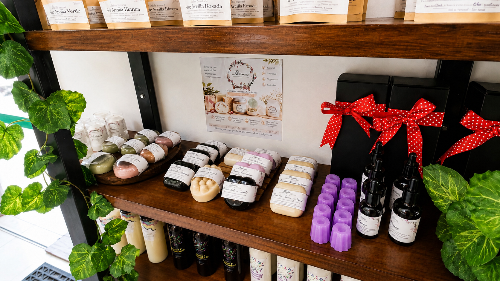 Detalle de jabones, aceites y productos artesanales disponibles en Consulfarma