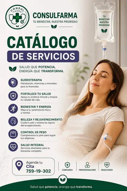 Portada del catálogo de servicios de Sueroterapia de Consulfarma